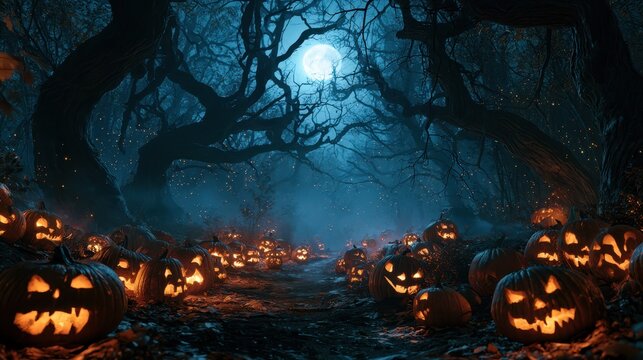 Spooky Halloween Forest with Glowing Jack O Lantern Pumpkins Under Full Moon