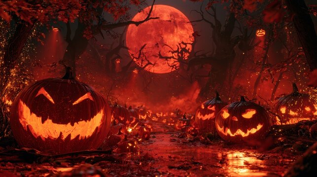 Scary Halloween Pumpkin Forest with Glowing Jack O Lanterns and Red Full Moon