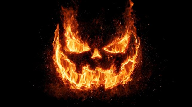 Burning Halloween Jack O Lantern Pumpkin Face Made of Fire on Black Background