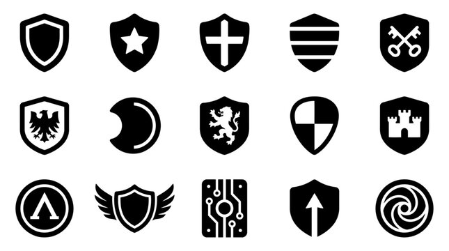 Set of various shield icons and heraldic symbols for protection security and defense design elements