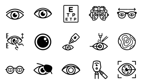 Set of fifteen black and white ophthalmology and optometry icons representing eye care and vision testing services