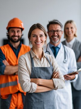 Diverse essential workers standing together representing different professions