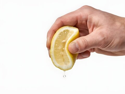Hand squeezing fresh lemon wedge to extract juice isolated on white background
