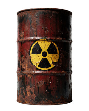 Rusty radioactive waste barrel isolated on white background