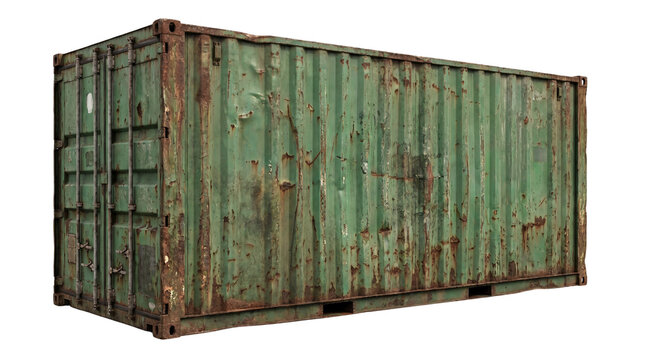Old weathered green shipping container isolated on white background for logistics design