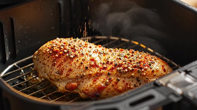 Seasoning being sprinkled on raw chicken in air fryer.