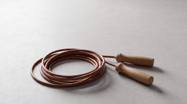 Coiled jump rope with wooden handles on a grey concrete background for fitness training.