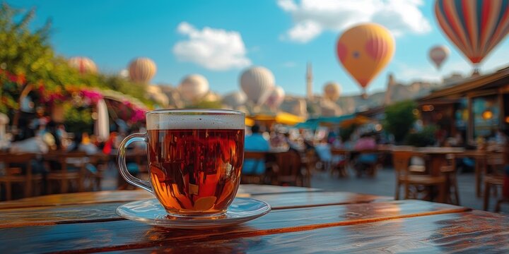 Tea served at a restaurant with a hot air balloon soaring in a clear blue sky