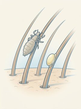 Medical illustration of a head louse and nit attached to hair strands on the scalp. Educational diagram of human pediculosis infestation