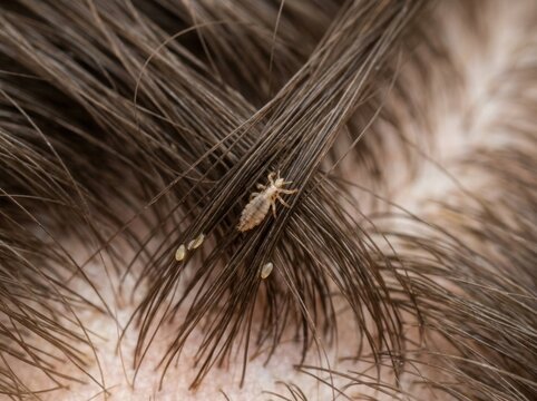 Macro photo of head louse and nit eggs on hair strands. Close up of active lice infestation near scalp. Dermatology and parasitology concept