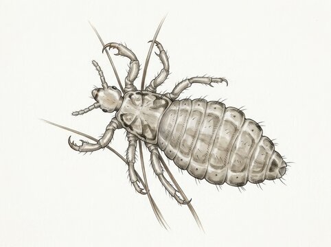 Scientific illustration of a head louse on hair strands. Detailed anatomical drawing of pediculus humanus capitis parasite. Biology and medical education concept