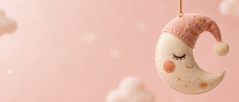 Adorable felt sleeping moon with pink cap hanging against a soft pink background, ideal for baby-related banner format