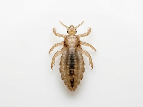 Macro photograph of a single head louse isolated on a white background. Top-down view of parasite insect anatomy. Scientific and educational concept