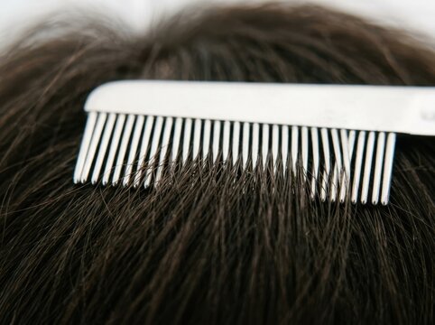 Close-up of a metal nit comb moving through dark hair. Scalp check for head lice and nits. Hair grooming and hygiene