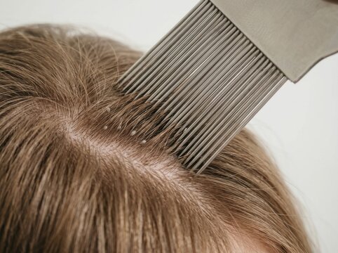 Close-up of a metal nit comb checking light brown hair. Head lice eggs and nits on hair strands. Parasite treatment and prevention