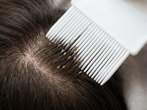Close-up of a white nit comb passing through dark brown hair. Head lice and nits infestation treatment. Parasite removal concept