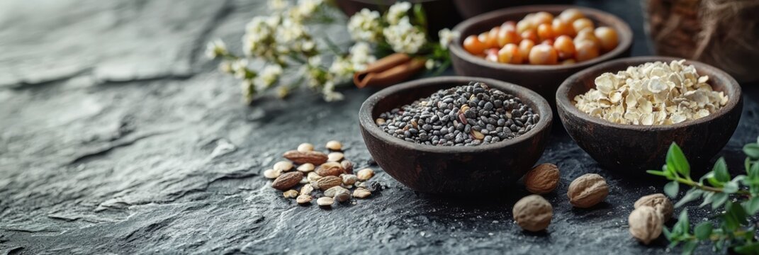 Mix of nutritious grains and seeds in bowls, including quinoa, chia, lentils, and almonds on a textured surface with empty space for text