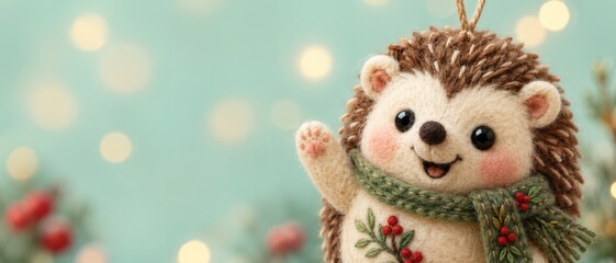 Fototapeta premium A charming handmade felt Christmas tree ornament in the shape of a hedgehog on a soft bokeh background. Banner format. Brings Christmas and New Year's spirit.
