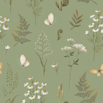 Elegant seamless pattern of leaves, forest plants, and butterflies on a green background.