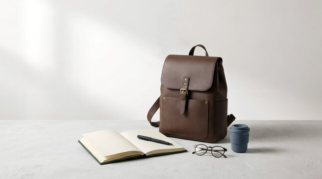 Stylish Brown Leather Backpack Beside An Open Notebook And Coffee Cup Creates A Cozy Atmosphere.
