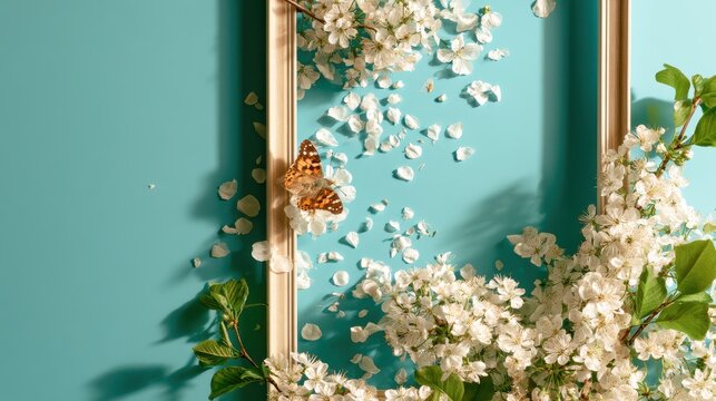 Bright spring background with blooming flowers, scattered petals, and a resting butterfly inside a simple frame on a turquoise surface