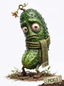 Funny 3D character of a worried green pickle wearing a scarf and leather shoes, standing on dry cracked ground.