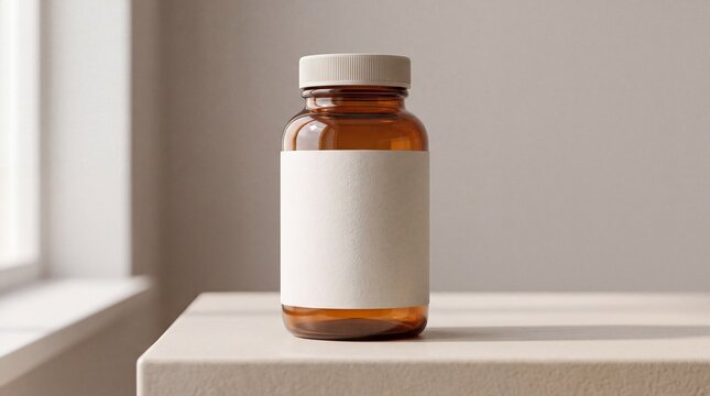 Amber glass vitamin bottle with blank label for supplement branding mockup