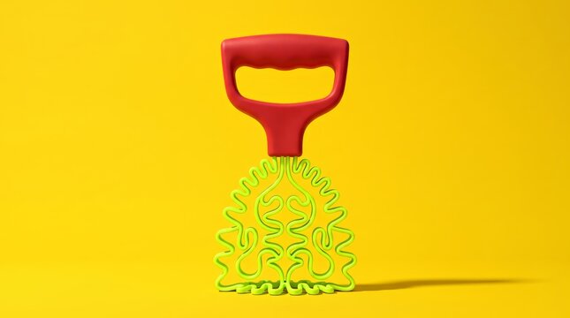 Surreal Red And Neon Green Wavy Brain Shaped Potato Masher On Yellow Background