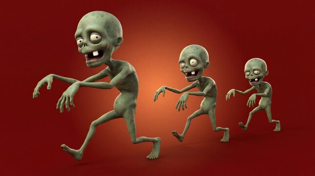 Three cartoon zombies run across a dark red background in a spooky Halloween scene, creating energetic fantasy artwork for seasonal celebrations.