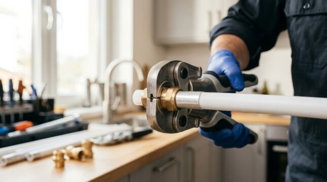 Plumber crimping PEX pipe fitting for modern kitchen plumbing installation, close-up detail