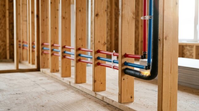 New home construction with red and blue PEX plumbing pipes running through timber wall framing