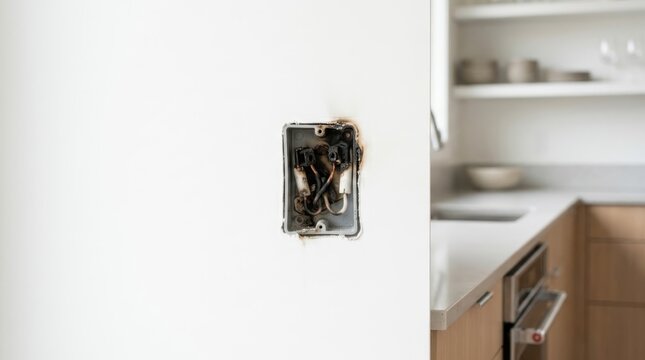 Burned electrical outlet in modern kitchen wall, highlighting hazard and need for safety inspection
