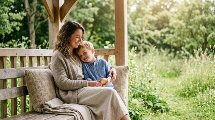 Fototapeta premium Mother and son sharing a tender moment on a wooden gazebo bench, surrounded by lush greenery, embodying family connection and serene lifestyle.