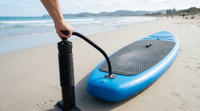 Inflating a blue stand-up paddleboard on a sunny beach with a manual pump, preparing for watersports