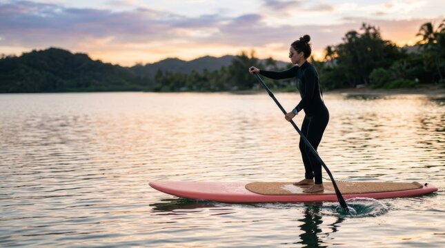Woman paddleboarding in calm bay at sunset, profile view with copy space for commercial use