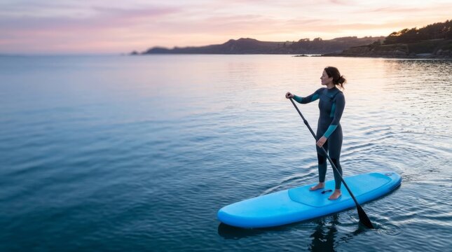 Woman paddleboarding in a calm bay at sunset, profile view with copy space for lifestyle marketing