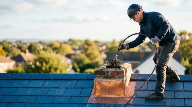 Chimney sweep on a rooftop cleans a brick chimney with a brush tool, featuring copper flashing and slate roof tiles under bright daylight.