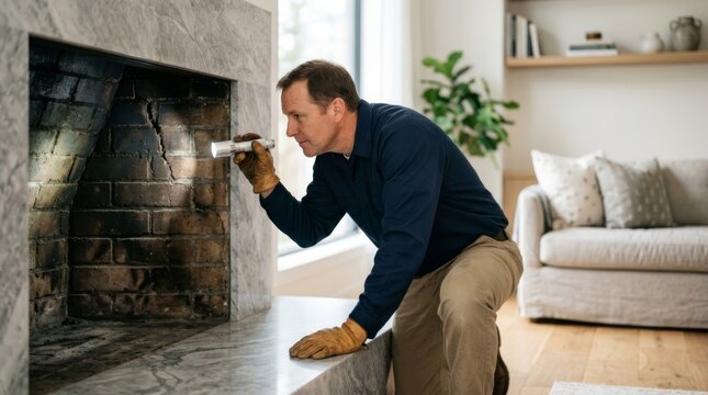 Fireplace specialist inspects cracked firebox with flashlight in modern living room, highlighting home safety and maintenance