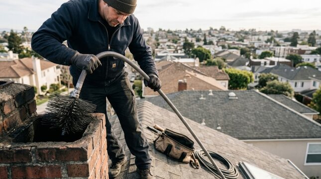 Chimney sweep cleaning a residential chimney on a rooftop with professional tools in bright daylight, urban neighborhood background