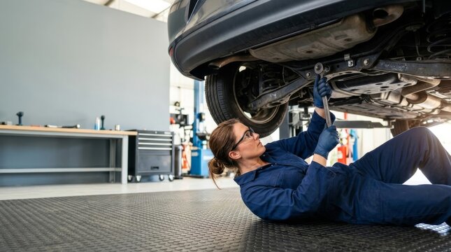 Female mechanic working under car chassis with wrench in modern auto repair shop