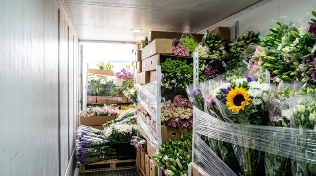 Fresh flowers in refrigerated container for global shipping, cold chain logistics, floriculture transport, copy space