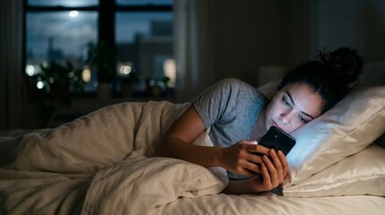 Fototapeta premium Woman using smartphone in bed at night, illuminated by screen light, urban window view