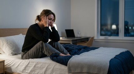 Fototapeta premium Woman with hands on head sitting on bed edge in dark bedroom, experiencing sleeplessness at night