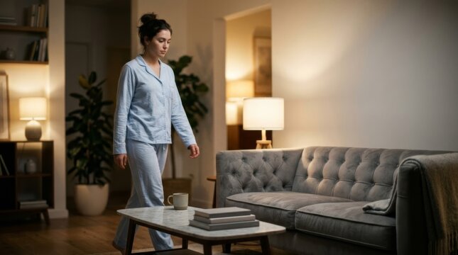 Woman in pajamas walking through a dimly lit living room at night, representing sleepwalking or restlessness.