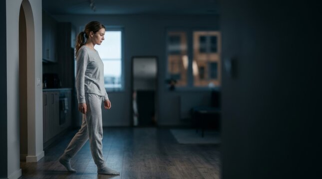 Woman in pajamas sleepwalking through a dark apartment hallway at night, conveying nocturnal restlessness and isolation