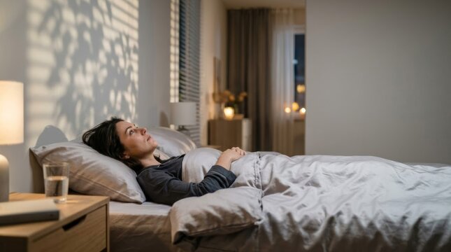 Woman lying awake in bed at night, looking up thoughtfully with soft light and shadows creating a mood
