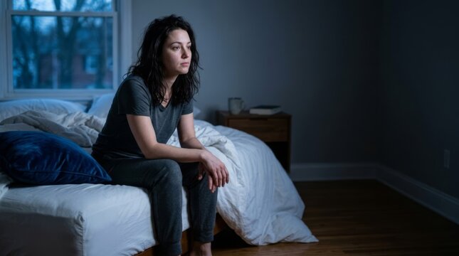 Woman sitting on the edge of her bed at night, looking thoughtful and tired, representing insomnia and sleeplessness.