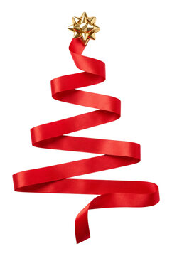 Red ribbon shaped like a christmas tree on transparent background