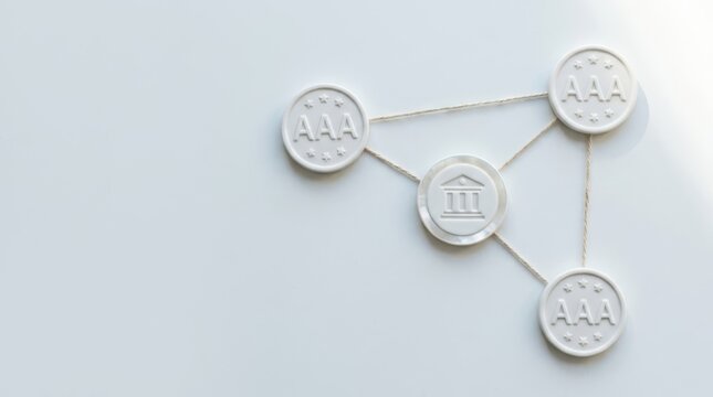 AAA rating tokens and bank symbol connected by threads, symbolizing financial trust and creditworthiness against a clean white background.