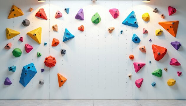 Colorful climbing holds fixed on white wall for indoor bouldering gym. Various shapes and sizes create routes for training and recreation. Sport climbing equipment for exercise and physical challenge.